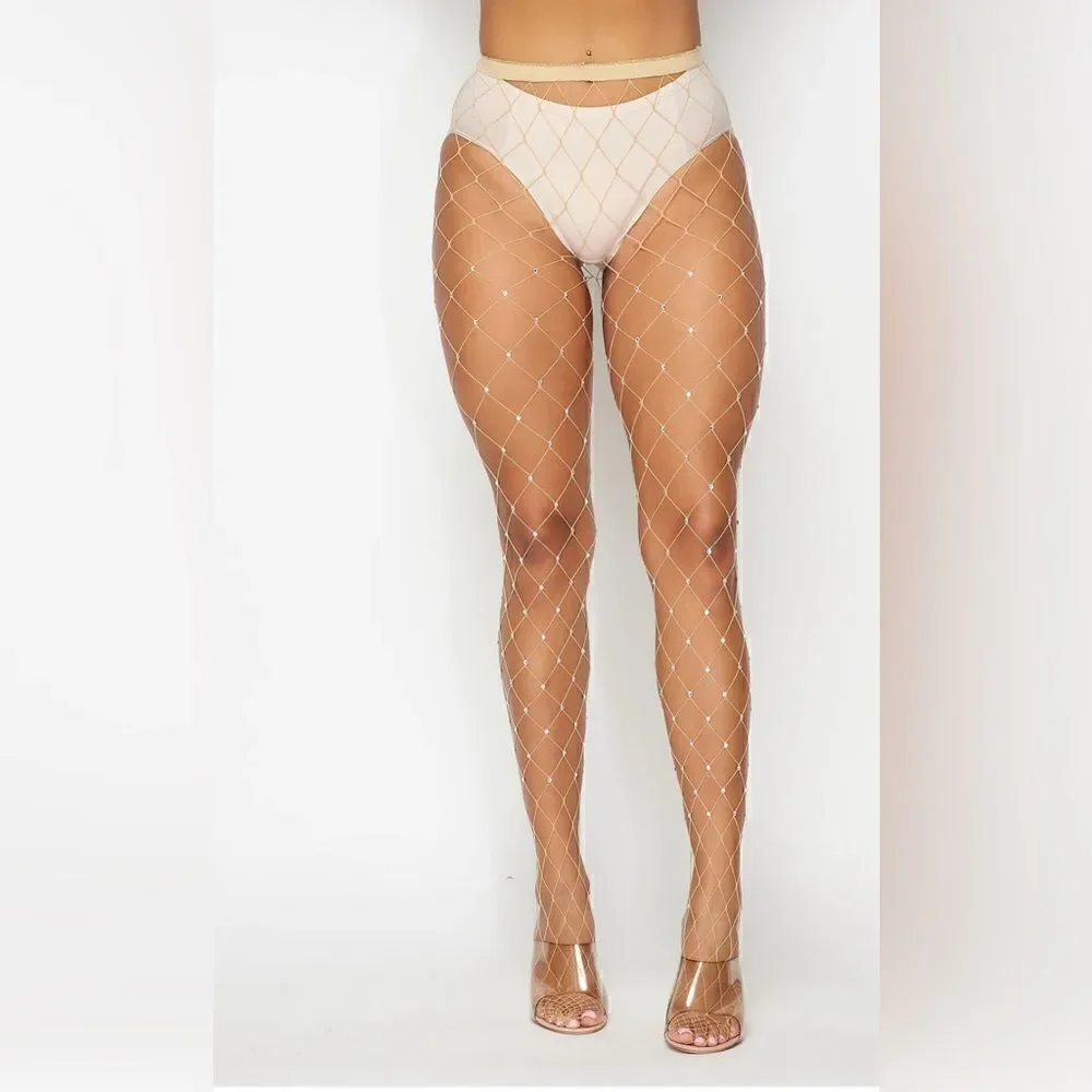 Nude rhinestones wide fishnet hosiery tights stockings